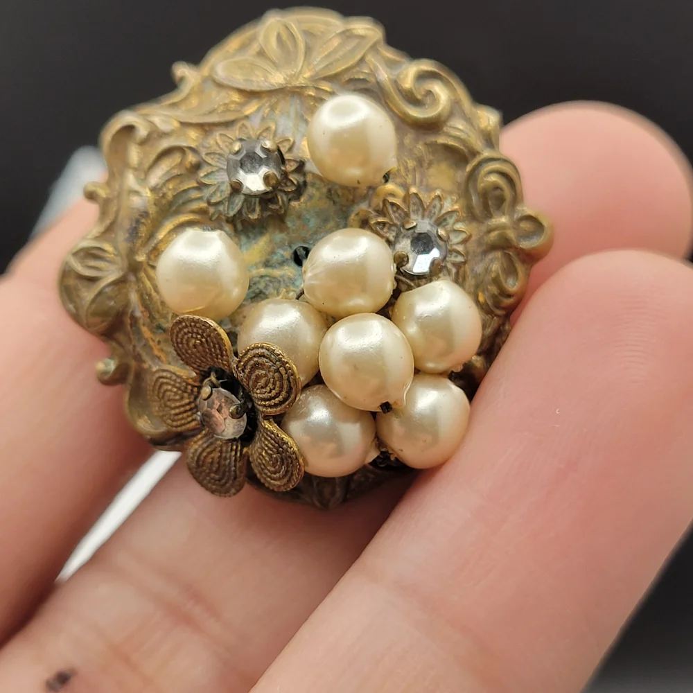 Vintage Art Nouveau Brass Faux Cluster Pearl Sterling Clip-On Earrings *AS-IS* - Picture 4 of 15